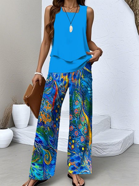 

Women Psychedelic Art Two-Piece Set Daily Sleeveless Casual Summer Top With Pants Matching Set, Royal blue, Sets