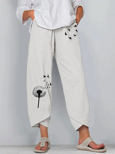 Women Floral Capris Pant Casual Summer Trousers, Off white, Pants