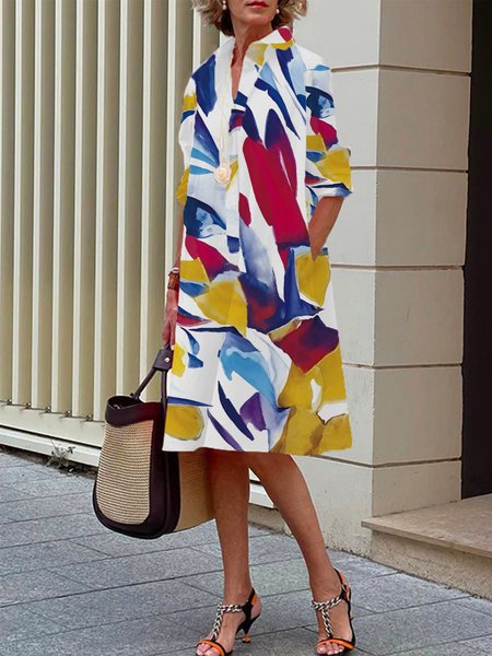 Urban Abstract Printing Shirt Collar Knee Length Dress, As picture, Midi Dresses