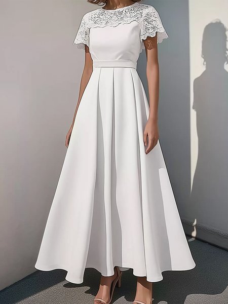 Elegant Plain Split Joint Crew Neck Maxi Dress, White, Maxi Dresses