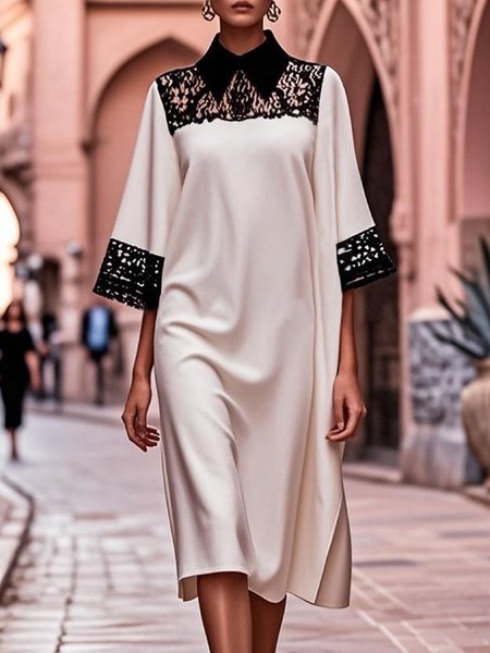 Urban Plain Lace Split Joint Shirt Collar Knee Length Dress, White, Midi Dresses
