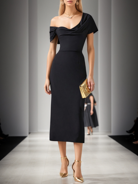 

Elegant Plain Regular Sleeve Asymmetrical Midi Dress, Black, Midi Dresses