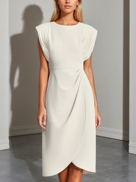 

Elegant Plain Gathered Midi Dress, White, Midi Dresses
