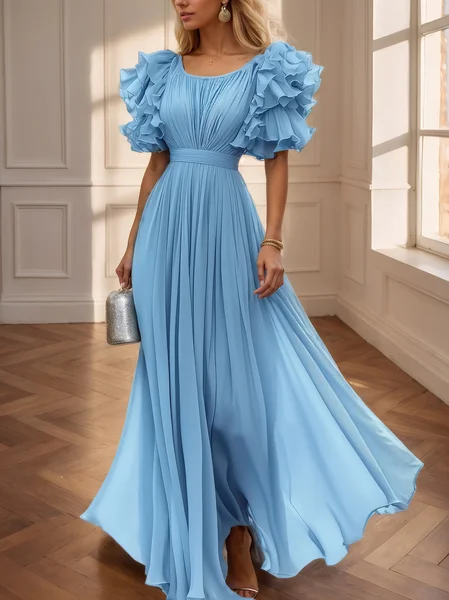 

Elegant Plain Gathered Maxi Dress, Blue, Maxi Dresses