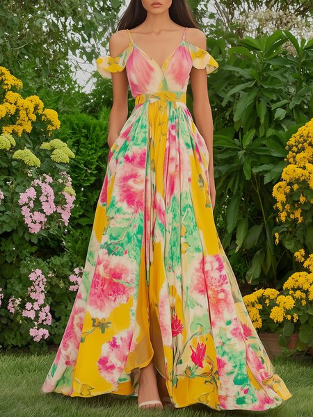 Vacation Floral Gathered Maxi Dress, As picture, Maxi Dresses