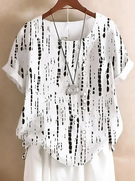 Women Geometric Half Sleeve Blouse Summer Crew Neck Daily Casual Top, As picture, Shirts