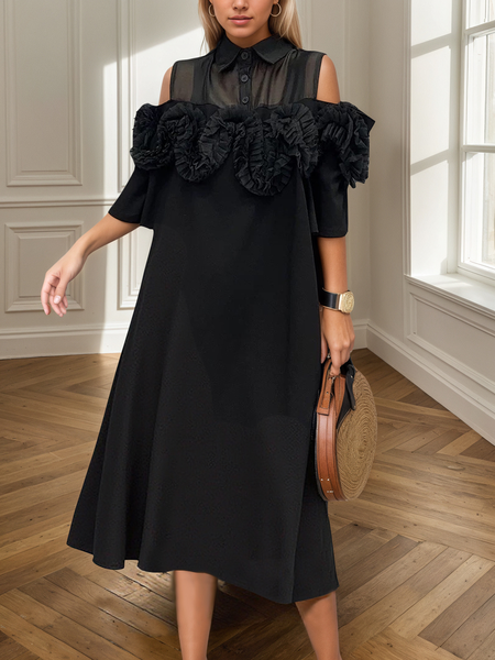 Elegant Plain Split Joint Shirt Collar Midi Dress, Black, Midi Dresses