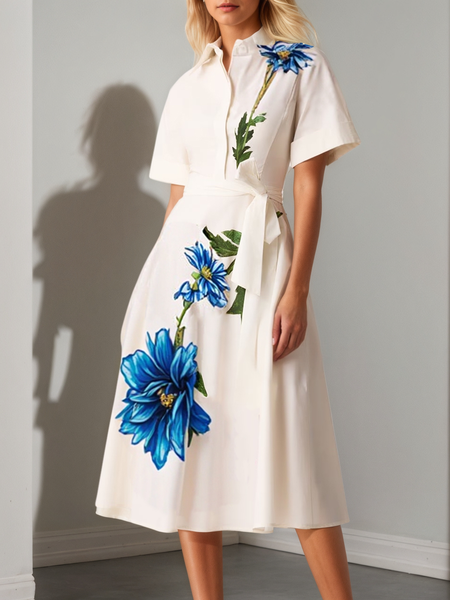 

Elegant Floral Shirt Collar Midi Dress Belt, As picture, Midi Dresses