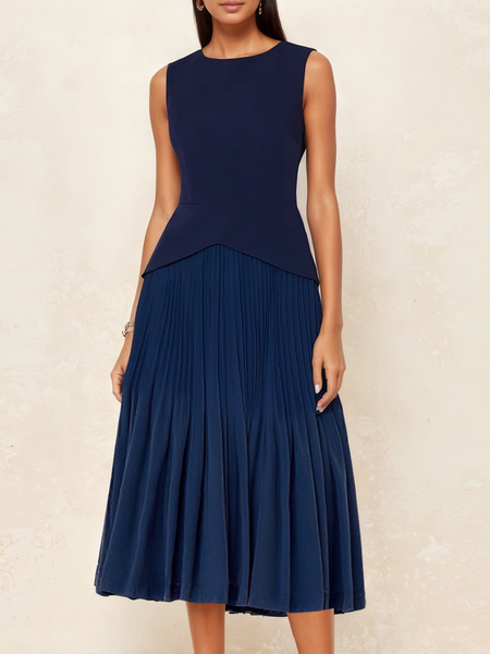 Elegant Plain Split Joint Midi Dress, Navy blue, Midi Dresses