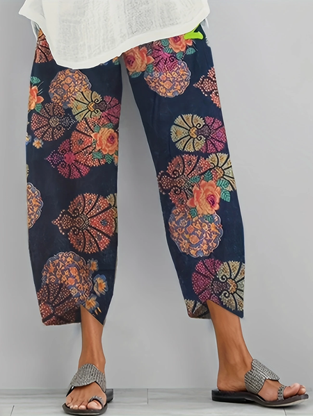 

Women Floral Capris Pant Casual Summer Trousers, Navyblue, Pants