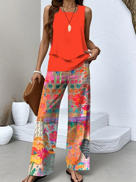 Women Floral Two-Piece Set Daily Sleeveless Casual Summer Top With Pants Matching Set, Red, Sets