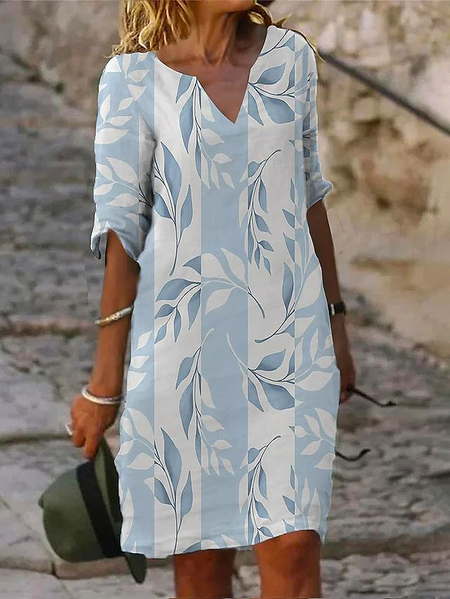 

Women Striped Half Sleeve Summer Printing Dress V Neck Daily Casual Mini Shift Dress H-Line Dress, Blue, Casual Dresses