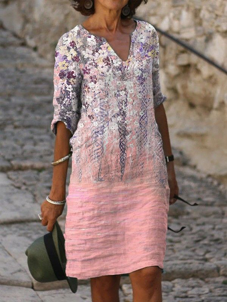 

Women Floral Half Sleeve Summer Printing Dress V Neck Daily Casual Mini Shift Dress H-Line Dress, Pink, Casual Dresses