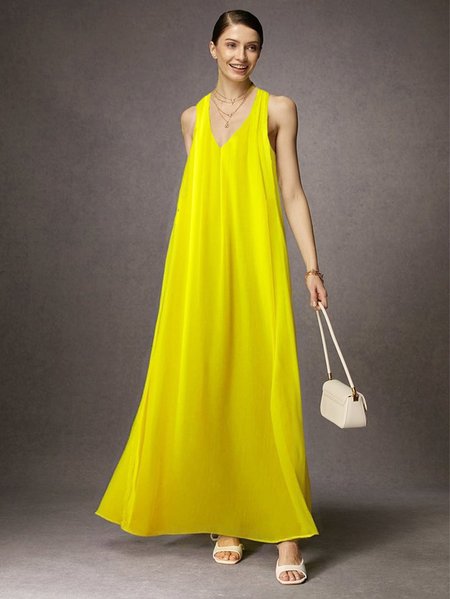 

Vacation Plain V Neck Loosen Maxi Dress, Yellow, Maxi Dresses