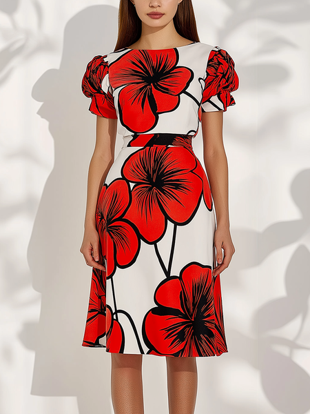 

Elegant Floral Puff Sleeve Knee Length Dress, Red, Midi Dresses