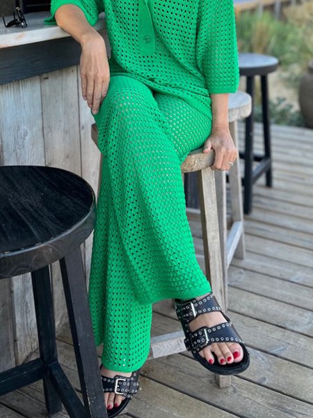 

Casual Plain Hollow Out Wide Leg Sweater Pants, Green, Pants