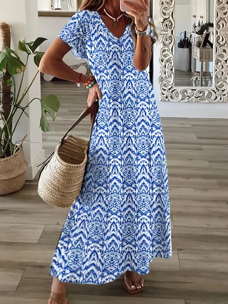 Women Geometric V Neck Short Sleeve Comfy Casual Printing Maxi Dress, Blue, Dresses