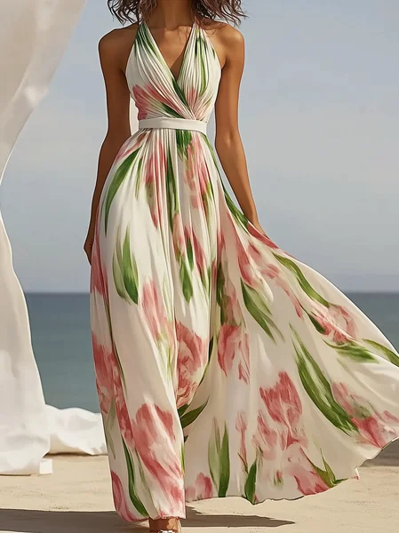 

Vacation Floral V Neck Maxi Dress, As picture, Maxi Dresses