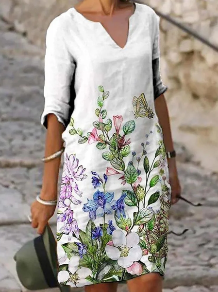 

Women Floral Half Sleeve Summer Printing Dress V Neck Daily Casual Mini Shift Dress H-Line Dress, White, Casual Dresses