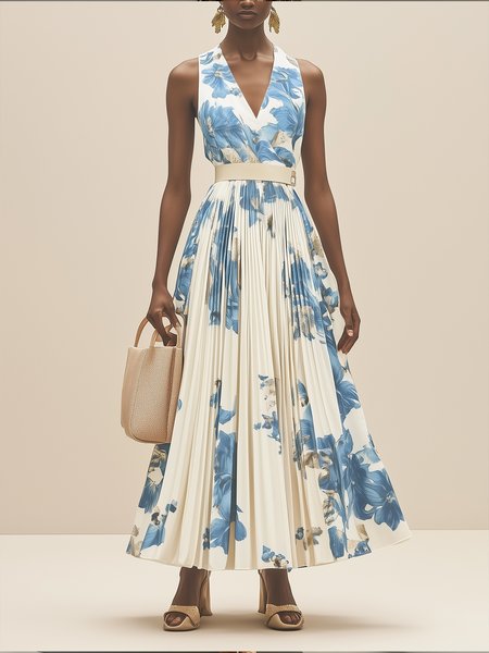 

Elegant Floral V Neck Maxi Dress Belt, Blue, Maxi Dresses