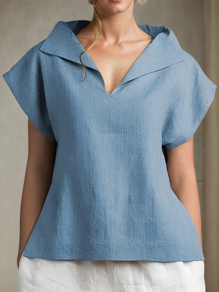 

Linen Casual Plain Shawl Collar linen-cotton Blouse, Blue, Blouses & Shirts