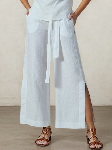 

Casual Plain linen-cotton Straight Pants, Off white, Pants