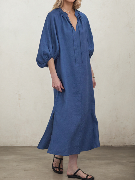 

Vacation Plain Balloon Sleeve linen-cotton Maxi Dress, Blue, Maxi Dresses