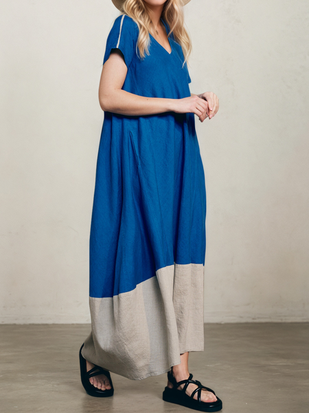 

Casual Color Block linen-cotton Maxi Dress, As picture, Maxi Dresses
