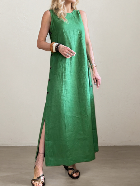 

Vacation Plain Crew Neck linen-cotton Maxi Dress, Green, Maxi Dresses