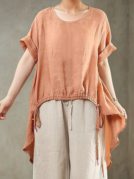 Linen Casual Plain Crew Neck linen-cotton Blouse, Orange, Blouses & Shirts