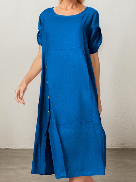 

Casual Plain linen-cottonCrew Neck Mini Dress, Dark blue, Maxi Dresses
