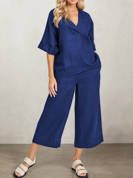

Casual Plain V Neck linen-cotton Two-Piece Set, Dark blue, Suits