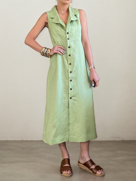

Urban Plain Lapel Collar linen-cotton Maxi Dress, Green, Maxi Dresses