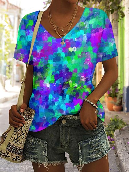 

Casual Floral V Neck Short Sleeve T-shirt, Blue, T-shirts
