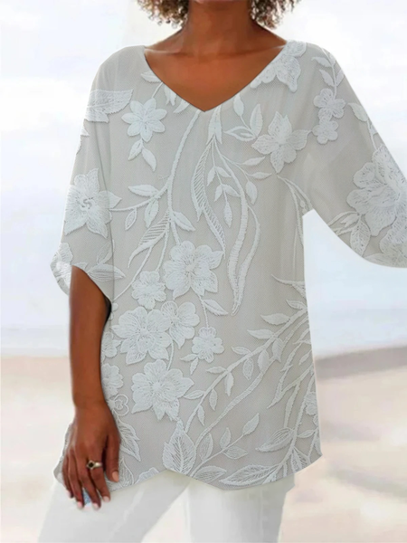

Women Floral Short Sleeve Shirt Summer Printing V Neck Daily Casual Top, White, Blouses