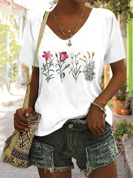 

Casual Floral V Neck Short Sleeve T-shirt, White, T-shirts
