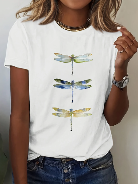 

Casual Dragonfly Crew Neck Short Sleeve T-shirt, White, T-shirts