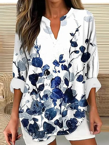 V Neck Long Sleeve Floral Printing Regular Loose Blouse For Women, White, Blouses