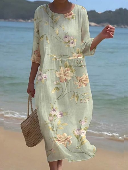 

Women Floral Crew Neck Half Sleeve Comfy Casual Maxi Dress, Green, Dresses