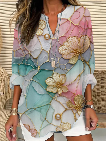 V Neck Long Sleeve Floral Printing Regular Loose Blouse For Women, As picture, Blouses
