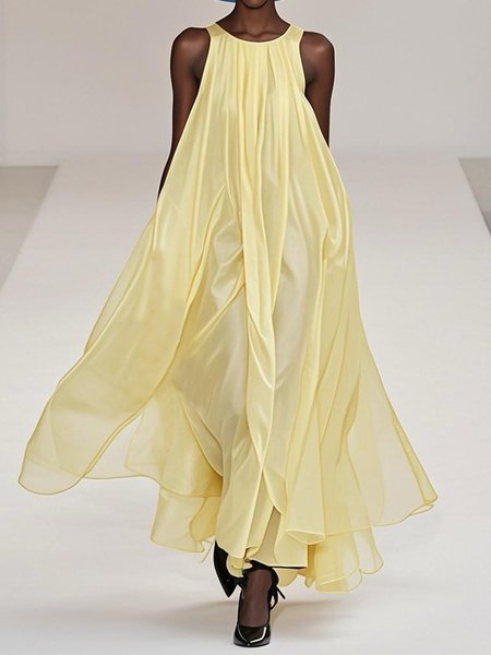 Casual Plain Ruched Crew Neck Loose Maxi Dress, Yellow, Maxi Dresses