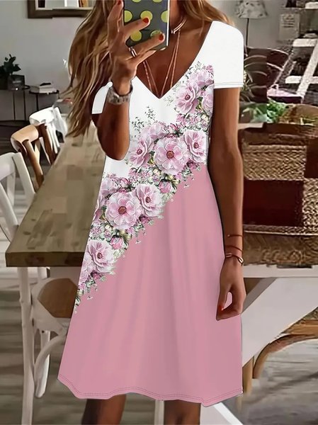 Women's Floral Short Sleeve Summer Printing Dress V Neck Daily Casual Knee Length T-Shirt Dress H-Line Dress, Pink, Casual Dresses