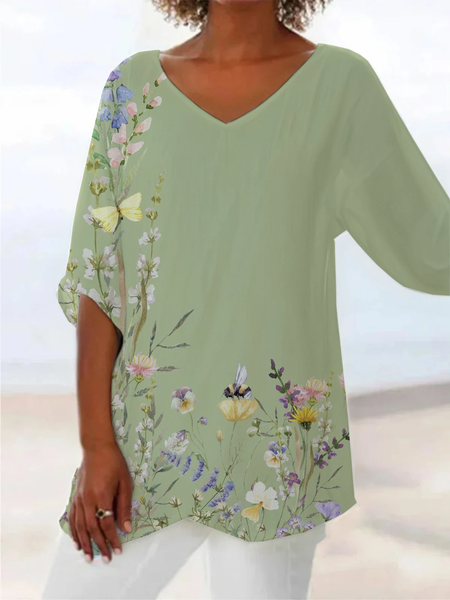 

Women Floral Short Sleeve Shirt Summer Printing V Neck Daily Casual Top, Green, Blouses