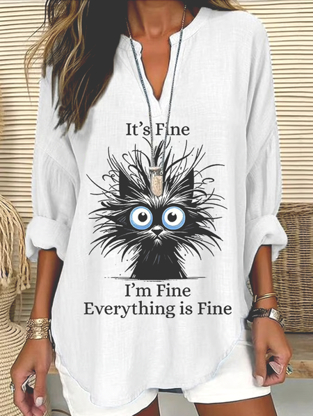 V Neck Long Sleeve Animal Regular Micro-Elasticity Regular Fit Shirt For Women, White, Shirts