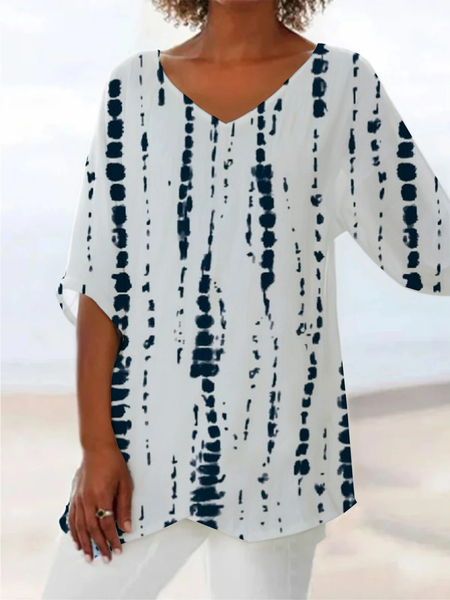 

Women Striped Short Sleeve Shirt Summer Printing V Neck Daily Casual Top, White, Blouses