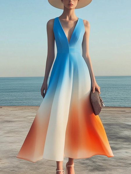 

Vacation Ombre Printing V Neck Maxi Dress, As picture, Maxi Dresses