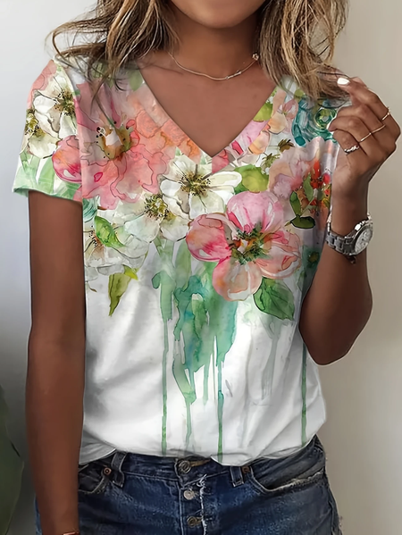 Women Floral Short Sleeve Tee T-shirt V Neck Printing Casual Summer Graphic Tee Top, White, T-Shirts