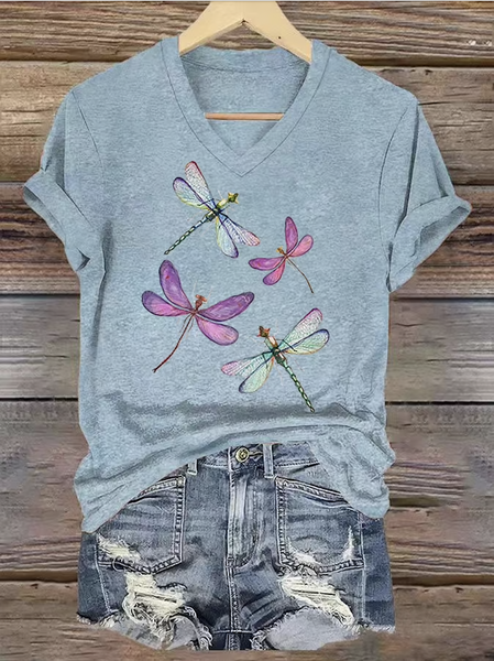 

Casual Floral V Neck Short Sleeve T-shirt, Light blue, T-shirts