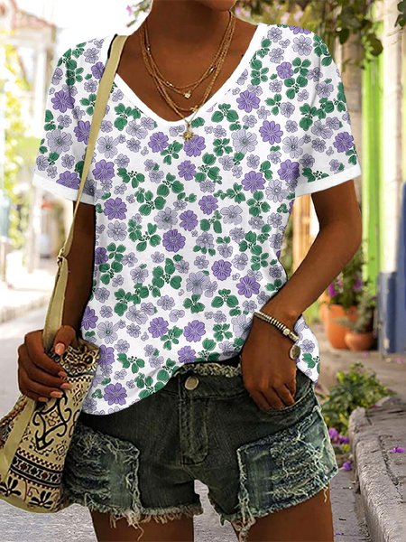 

Casual Floral V Neck Short Sleeve T-shirt, White, T-shirts