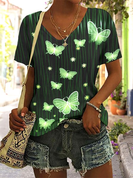 

Casual Floral V Neck Short Sleeve T-shirt, Green, T-shirts